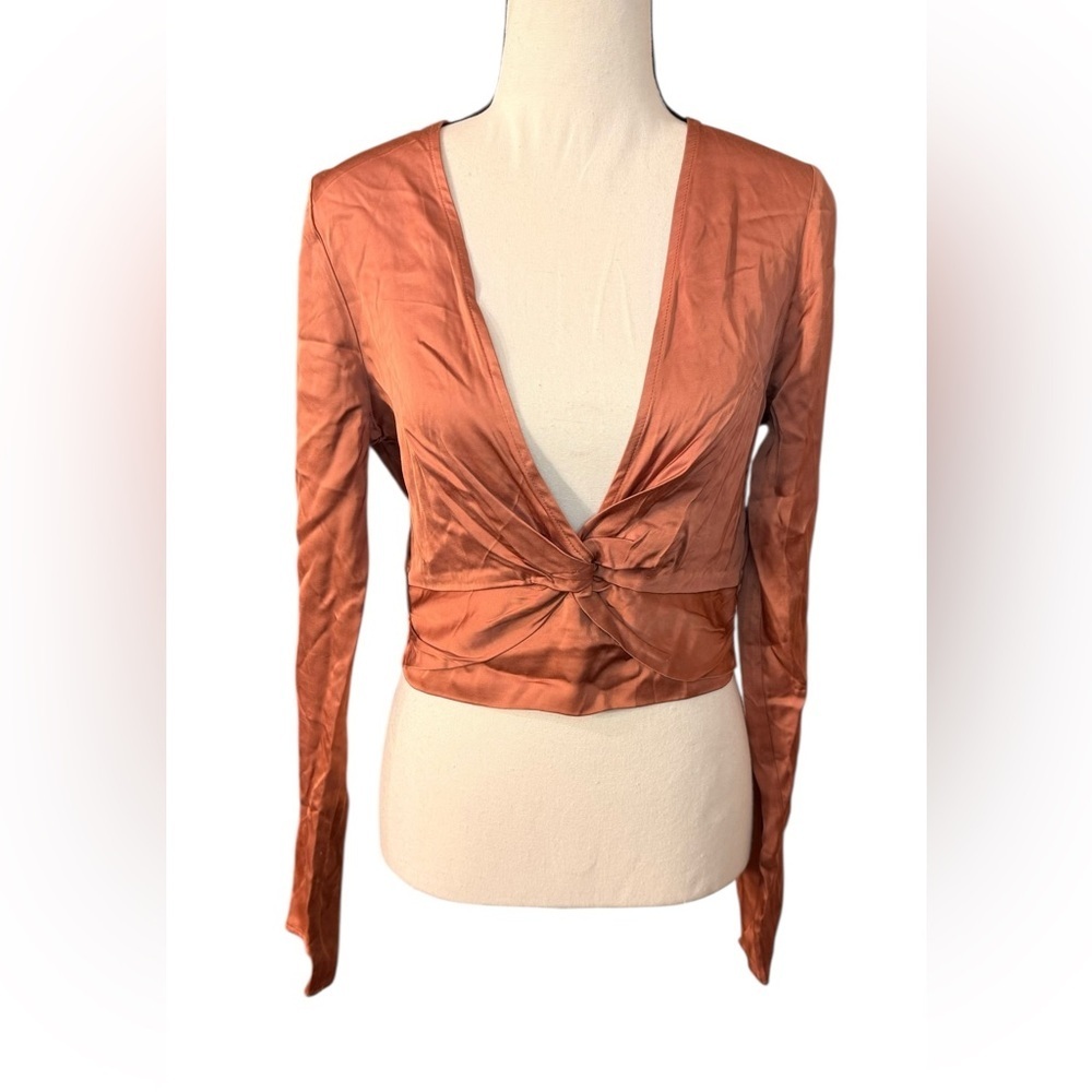 Free People Miraya Top Satin Knot Front Blouse in Rust - Picture 2 of 9